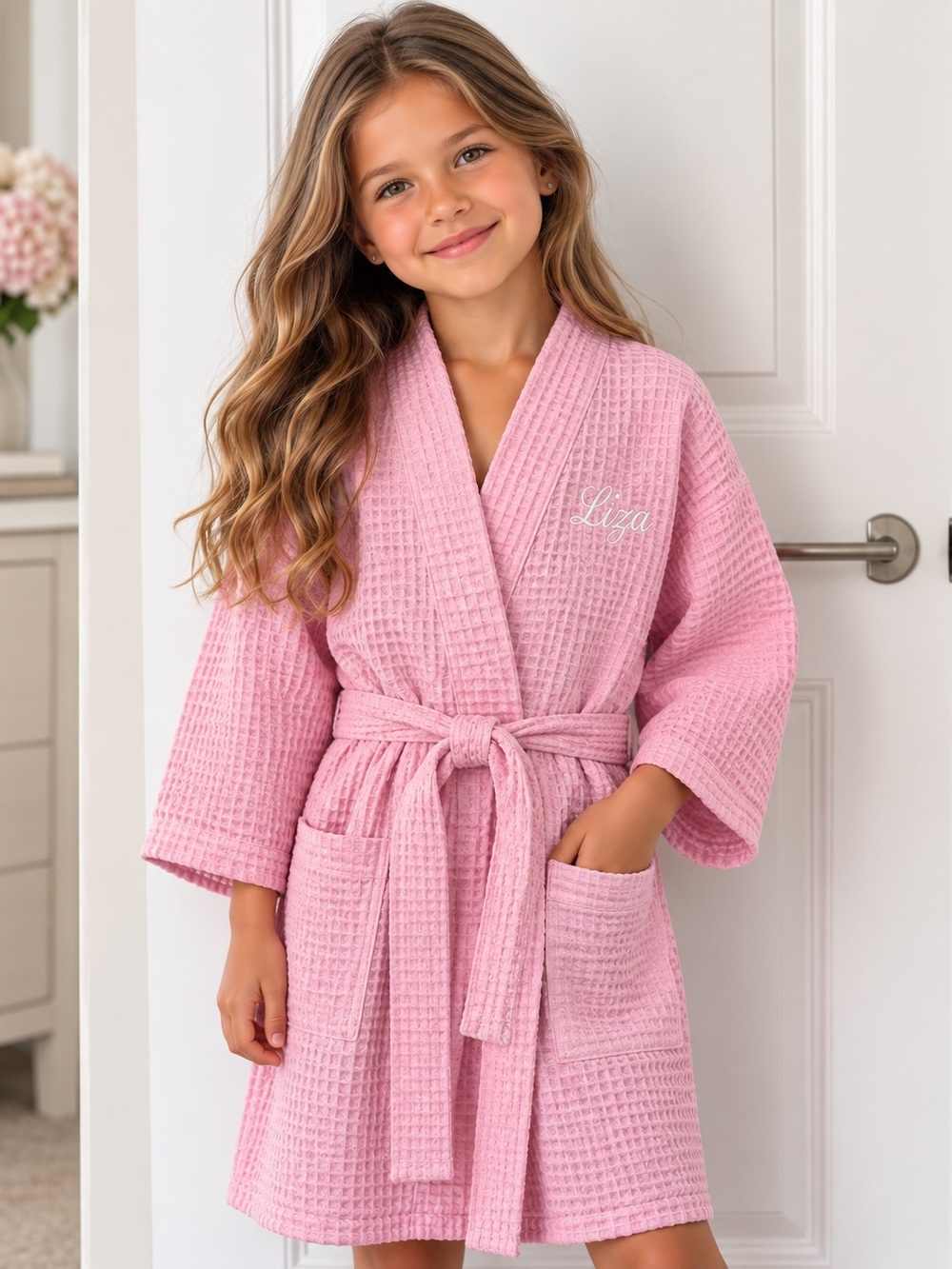 Turquaz Kids Pink Waffle Knit Bath Robe L Personalized “Lizzy” Cotton Blend NWT